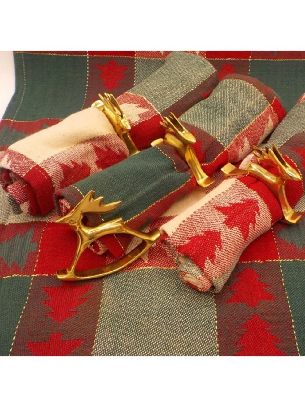 Set of 4 Brass Napkin Rings, with Hoiliday Napkins Running / Rocking Deer